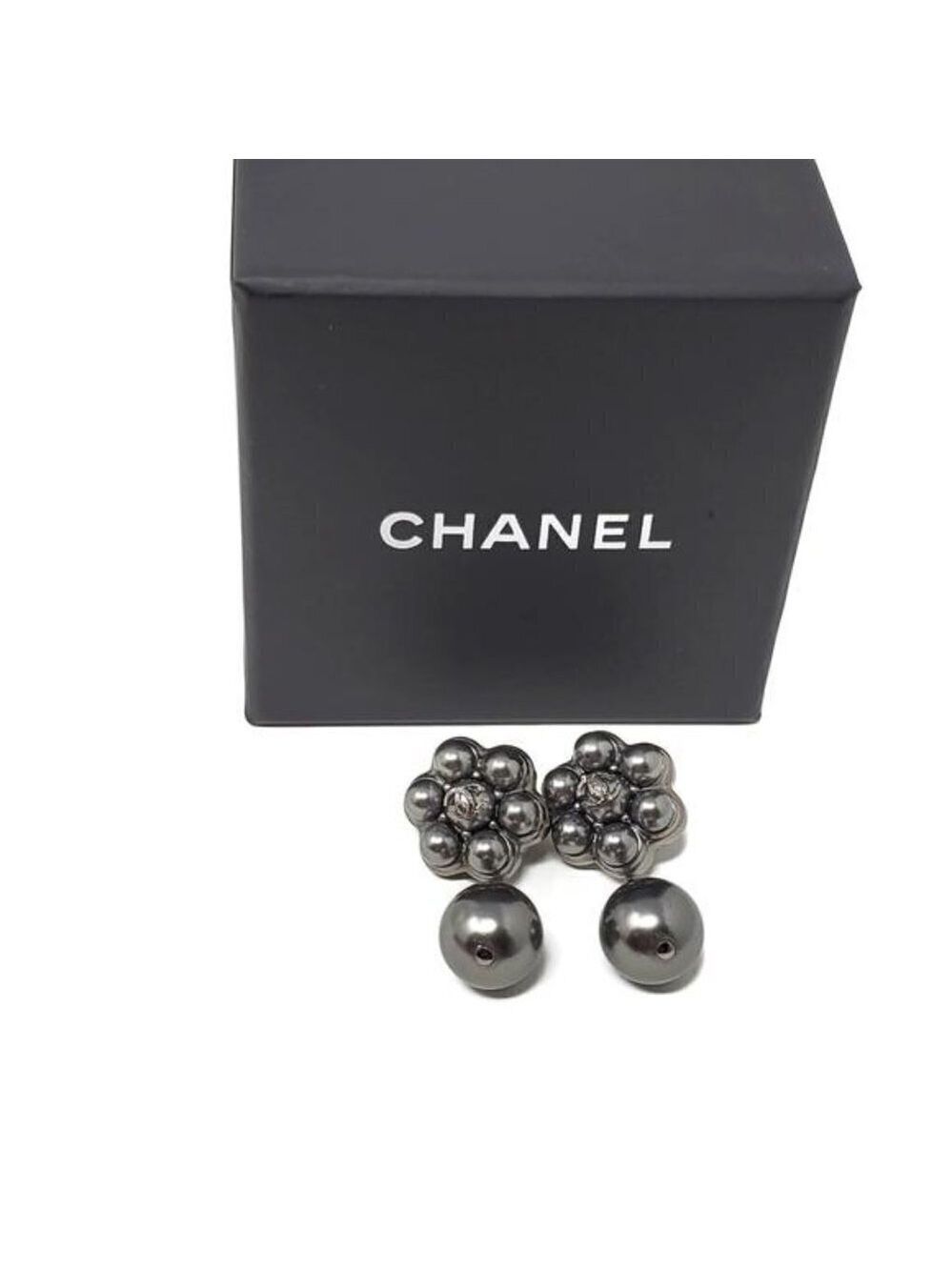 CHANEL Dark Grey CC Pearl Stud Earrings